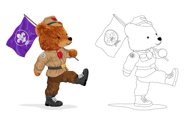 Teddy bear cartoon in scout uniform carrying flag with scout world symbol Coloring book or page