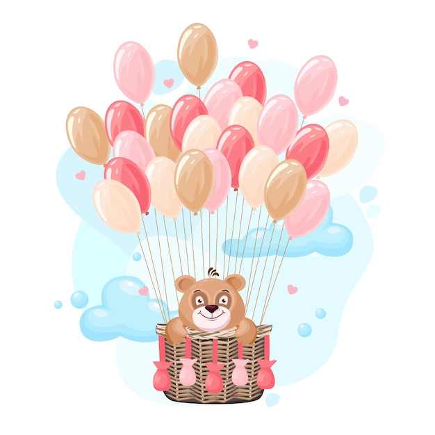 Teddy bear flying on balloons