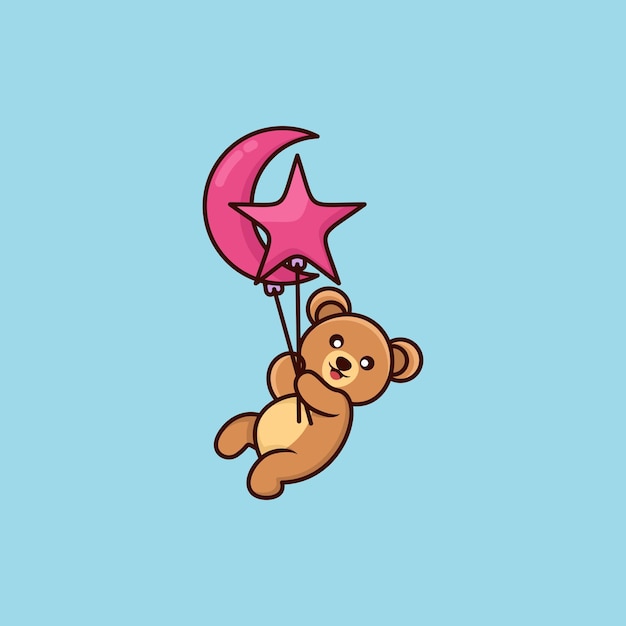 Teddy bear flying with a moon and star