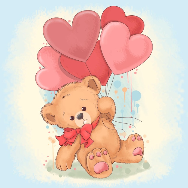 teddy bear holding balloons with a heart shape