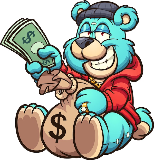 teddy bear holding a big bag of money and some bills