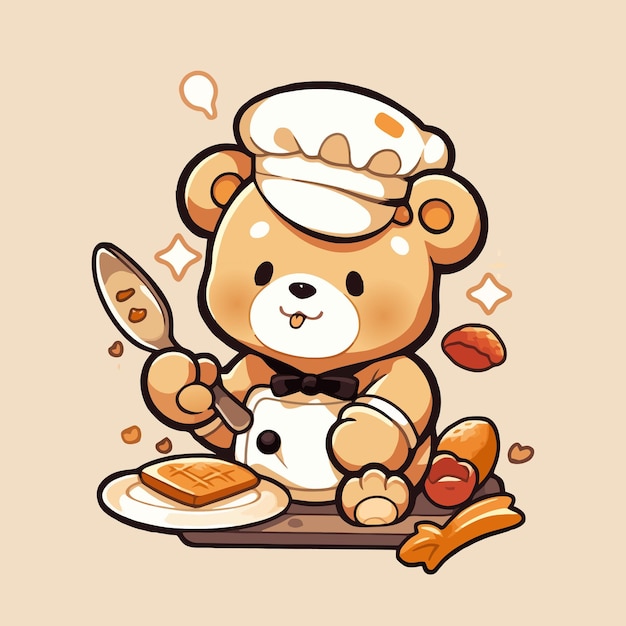 A teddy bear is cooking with a piece of toast.