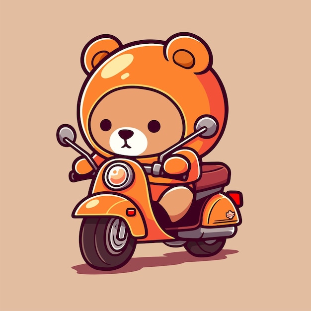 A teddy bear is riding a scooter with a brown background.