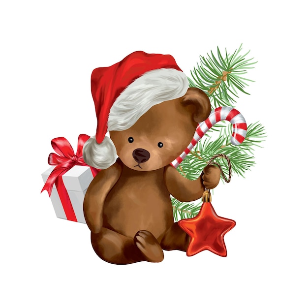 A teddy bear in a Santa hat with a star in his hands a gift a spruce branch Vector illustration for New Year composition Greeting cards Christmas invitations themed banners flyers