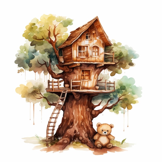 Teddy bear sitting under tree house watercolor paint