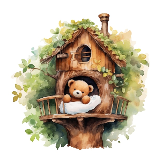 Teddy bear on a tree house watercolor hand paint