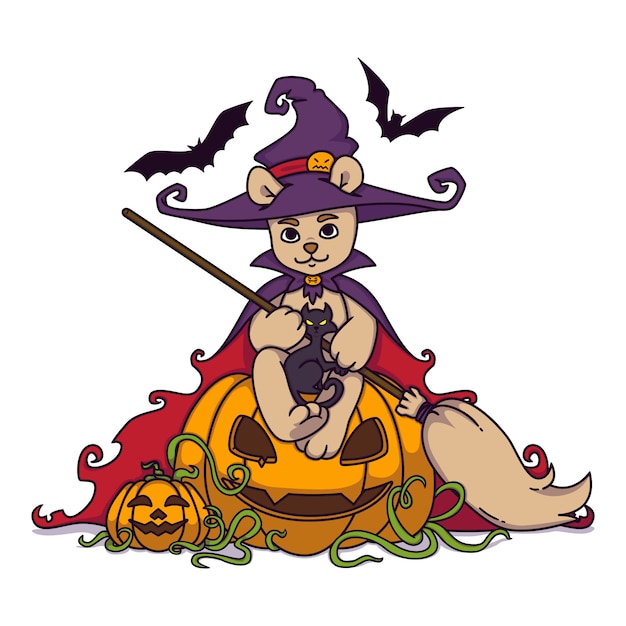 Teddy bear in a witch hat and mantle with a broom in his hands sits on a Halloween pumpkin with black cat and bats.