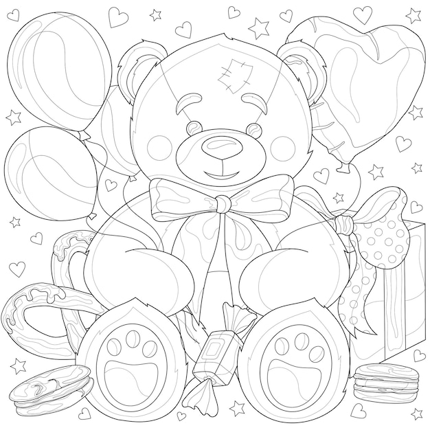 Teddy bear with balloons, gift and sweets. Cookies, macaroons, sweets, pretzels. Coloring book antistress for children and adults. Illustration isolated on white background. Zen tangle style.