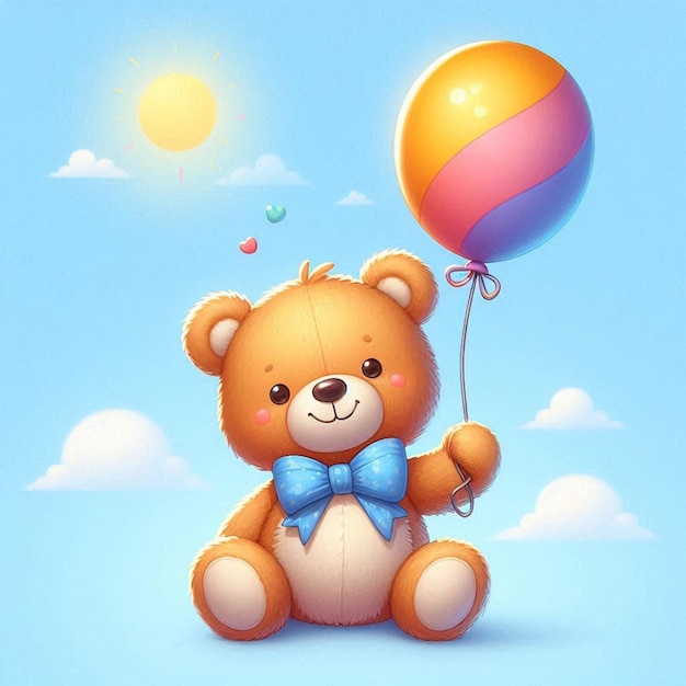 Vector a teddy bear with a bow tie is holding a balloon