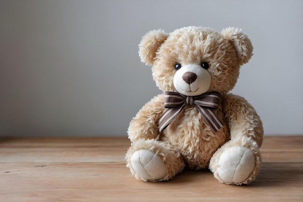 a teddy bear with a bow tie on it sits on a wooden table