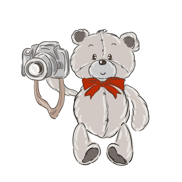 Teddy bear with camera isolated on white background