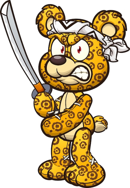 Teddy bear with jaguar pattern holding a sword and wearing a bandanna