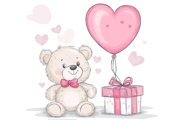 Vector teddy bear with pink heart balloon