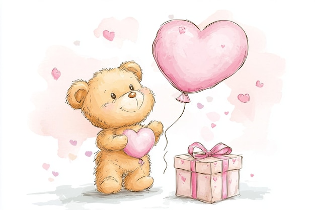 Vector teddy bear with pink heart balloon