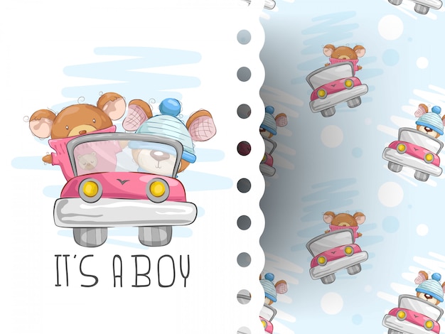 Teddy bears driving with background pattern