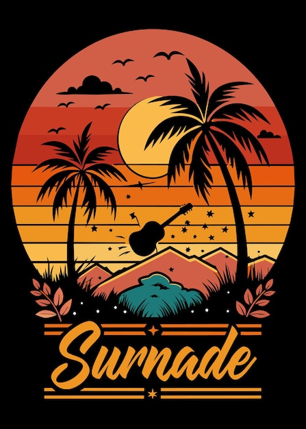 Tee Shirt Design Sunset Serenade vintage vibes black background