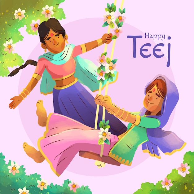 Teej watercolor illustration with women and swing