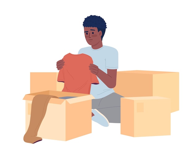 Teen boy decluttering clothes in boxes semi flat color vector character