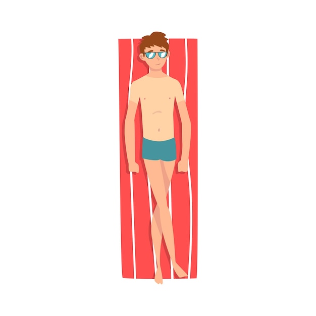 Teen Boy Sunbathing and Relaxing on Beach Towel Guy in Sunglasses Enjoying Summer Vacation Vector Illustration on White Background