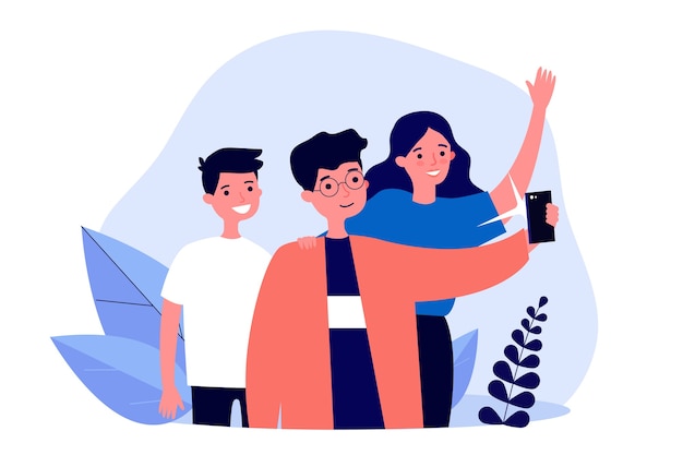 Teen schoolmates taking group selfie. Boys and girl posing for smartphone camera   illustration. Leisure, friendship, photography concept for banner, website  or landing web page