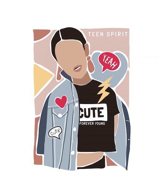 teen spirit slogan with colorful cartoon girl graphic illustration