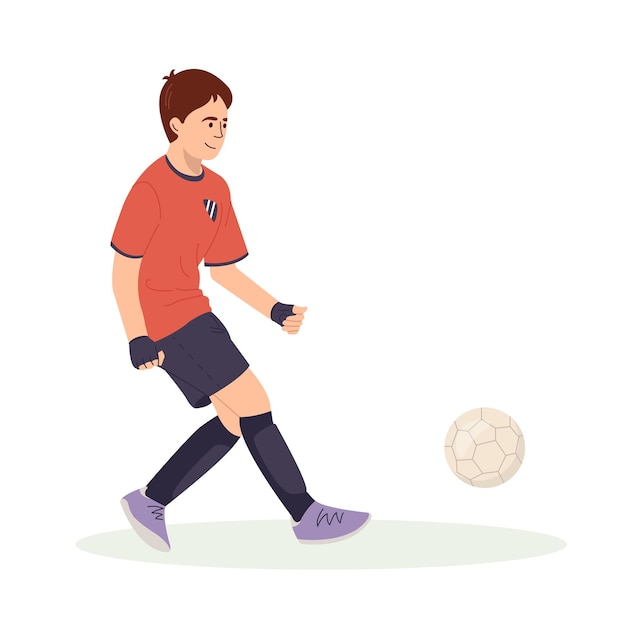 Teenage boy football player in a red sports shirt kicks a soccer ball Cartoon vector illustration