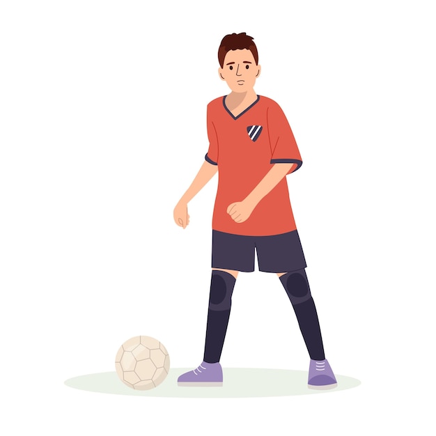 Teenage boy football player in a red sports shirt kicks a soccer ball Cartoon vector illustration