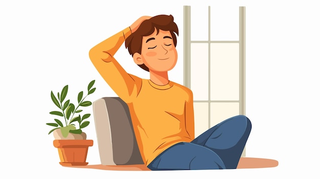 Vector teenage boy stretching head at home cartoon vector