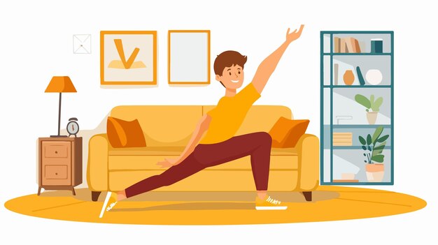 Vector teenage boy stretching in modern living room at home