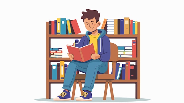 Teenage Boy Using Tablet in Library Flat Vector Isolated