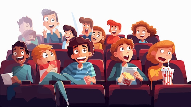 Vector teenage boys watching movie in cinema theater