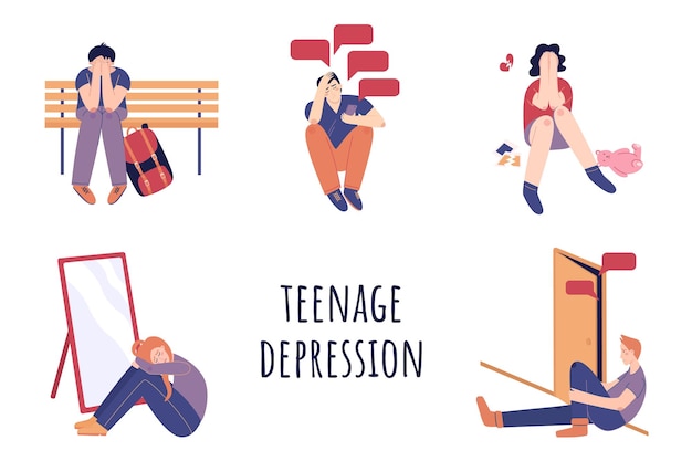 Teenage depression concept Set of teens in stressful situations