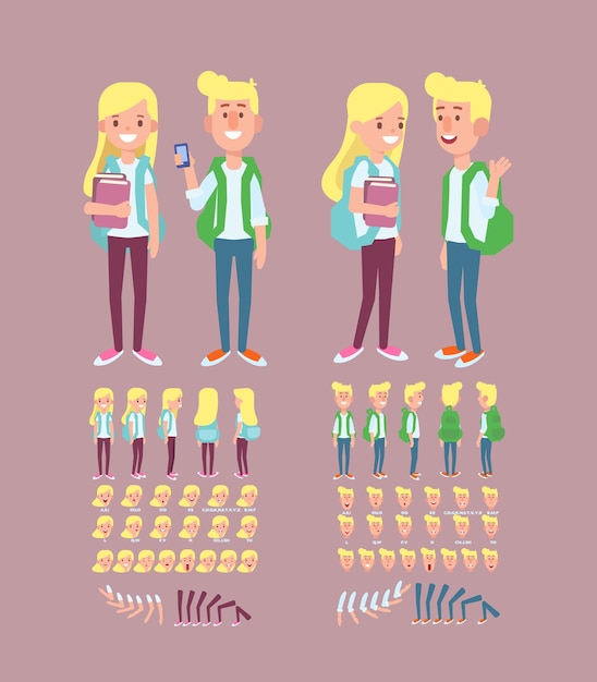 Vector teenage girl and boy creation set for animation front side back 34 view animated character