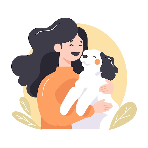 Teenage girl with cute dog in flat style isolated on background