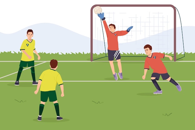 Teenage players from different teams kick soccer ball Football competition Goalkeeper catch the ball