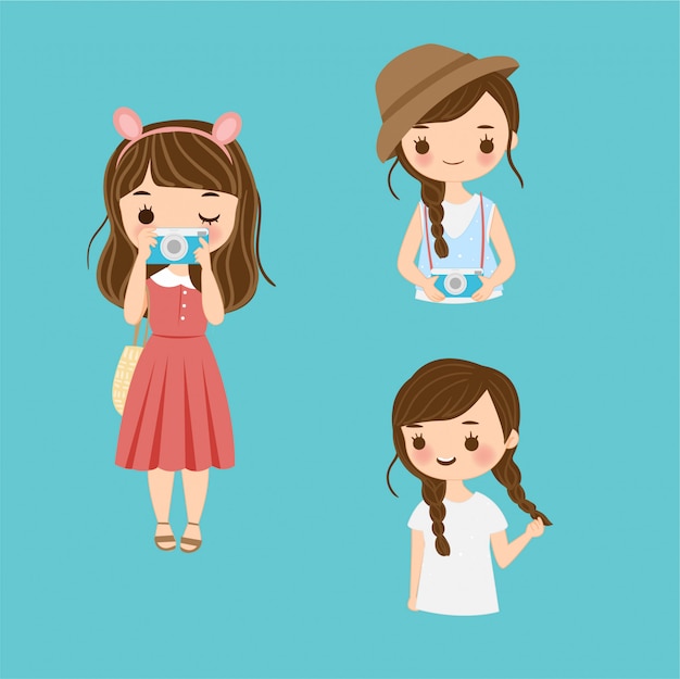 Teenage with camera cartoon character set