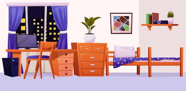 Teenager bedroom interior furniture and equipment for kid vector cartoon set of kid or teenager room