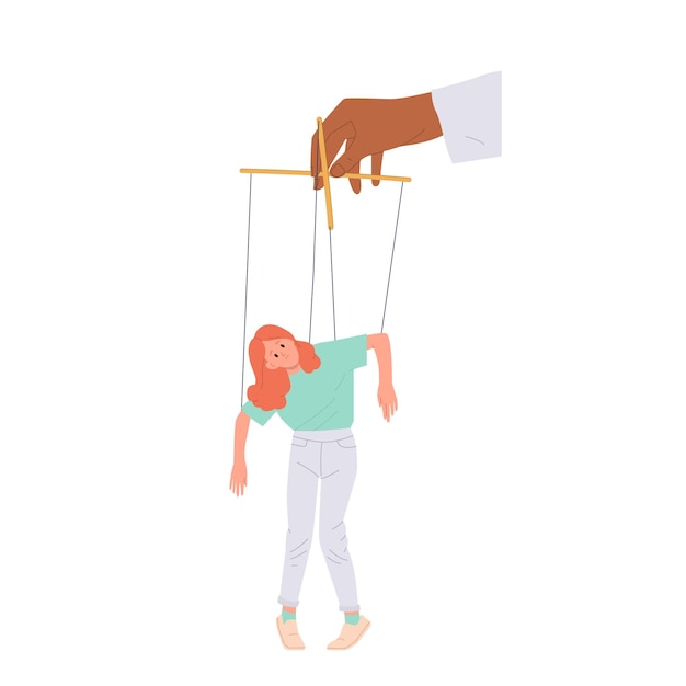 Vector teenager girl puppet marionette attached to rope and human hand controlling movement of slave cartoon character isolated on white background abuse at school or in family vector illustration