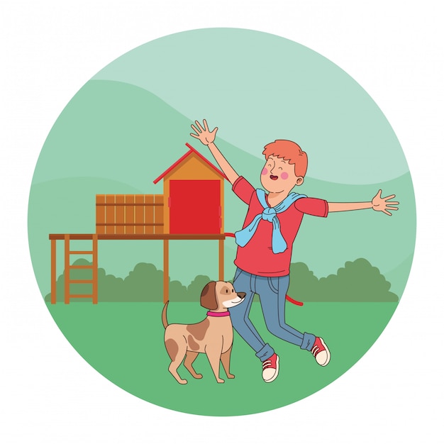 Teenager smiling and walking the dog cartoon