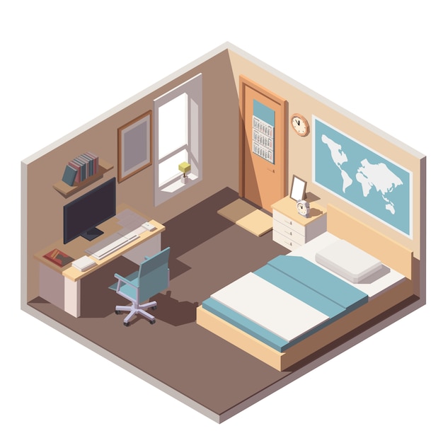 Teenager or student room interior icon with bed, desk, computer and bookshelf