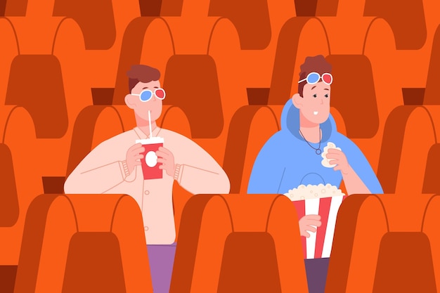 Teenagers in cinema Boys at movie theater watching film eating popcorn or drinking soda interested guy with seated scared friend inside hall movies session vector illustration