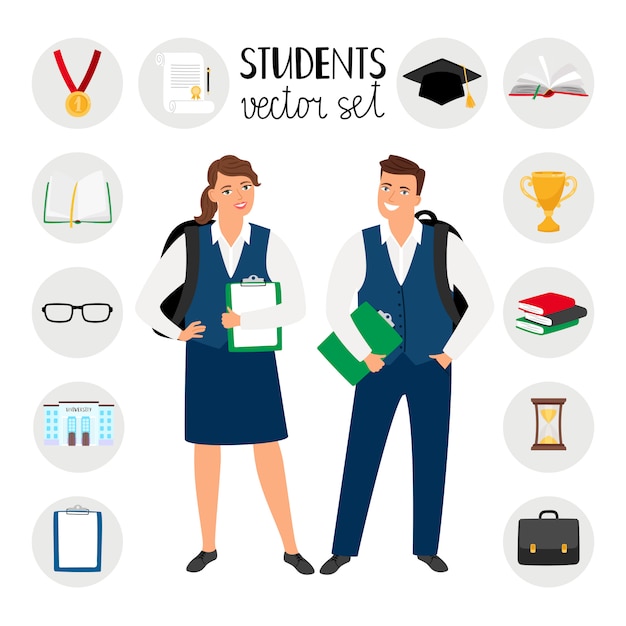 Vector teenagers college students. young student people vector illustration, teenage boy and girl with school clothes and backpacks