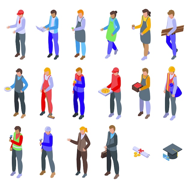 Teenagers first job icons set isometric vector School girl