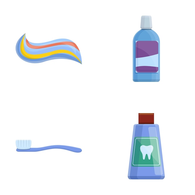 Vector teeth care icons set cartoon vector mouthwash toothpaste and toothbrush