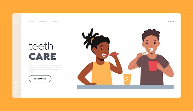 Teeth Care Landing Page Template Children Morning Routine Kids Brushing Teeth Girl and Boy Characters Dental Hygiene