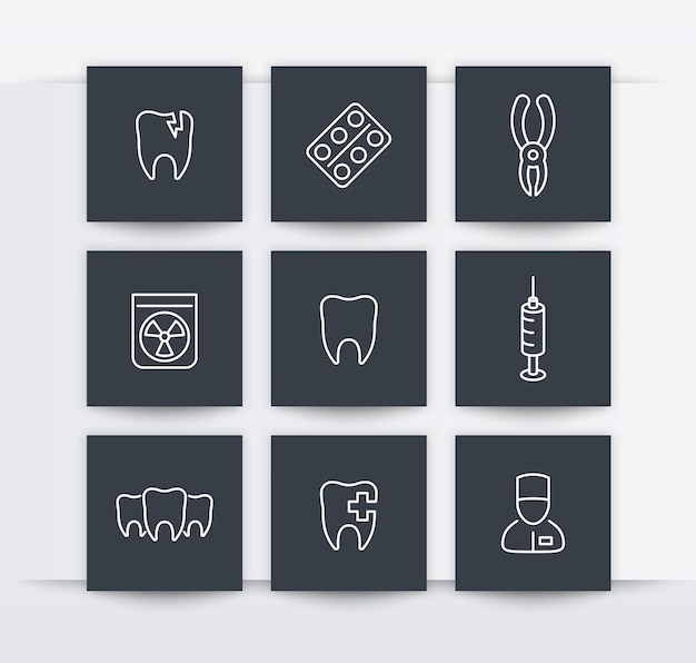 Teeth dental pliers tooth care stomatology line white icons vector illustration