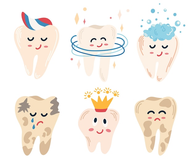 Teeth set Clean teeth with toothpaste foam crown and caries Cute tooth cartoon characters Oral hygiene teeth cleaning Dental concept for your design Vector Hand draw illustration