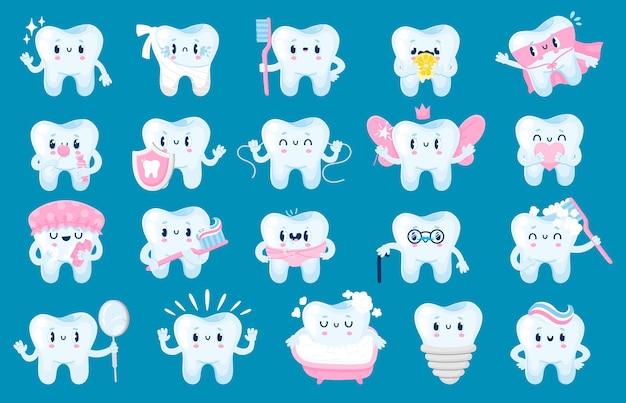 Teeth with face Cartoon dental health and care fun characters tooth mascot with happy face for dentistry posters and banners Vector isolated set