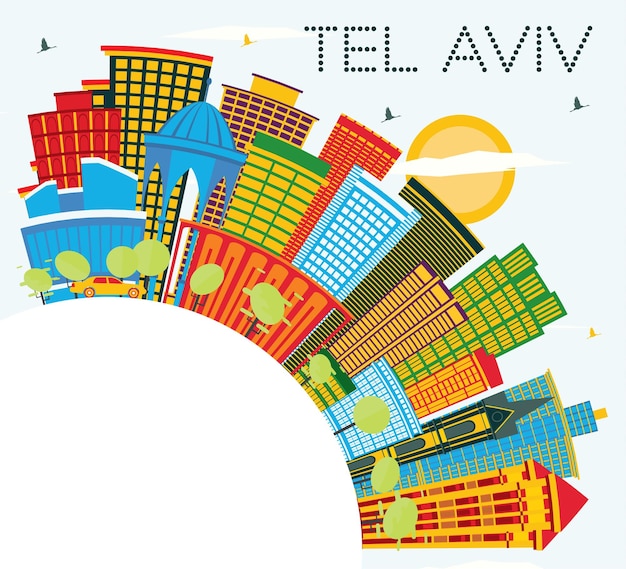 Tel Aviv Israel City Skyline with Color Buildings Blue Sky and Copy Space