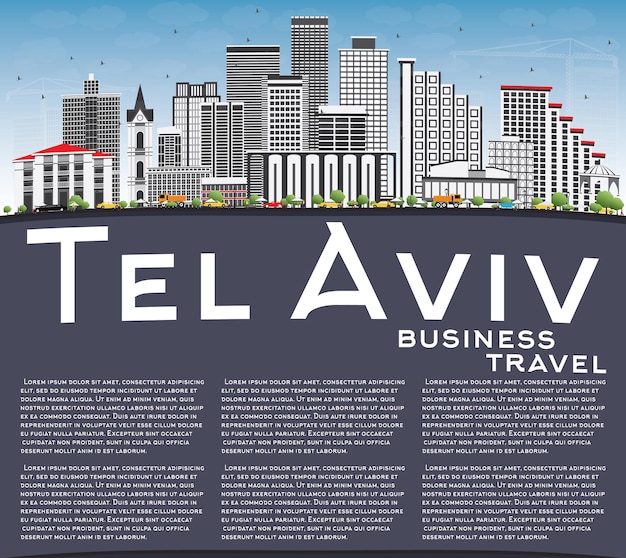 Tel Aviv Skyline with Gray Buildings, Blue Sky and Copy Space. Vector Illustration. Business Travel and Tourism Concept with Modern Architecture. Image for Presentation Banner Placard and Web Site.